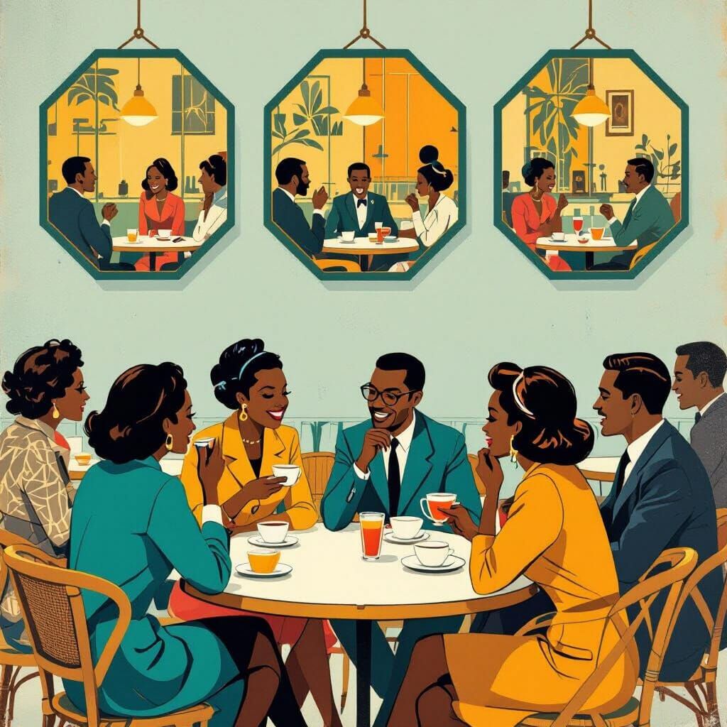 {
  "prompts": [
    {
      "variant": 1,
      "prompt": "A bustling 1960s Parisian cafe scene with a diverse group of patrons including A...