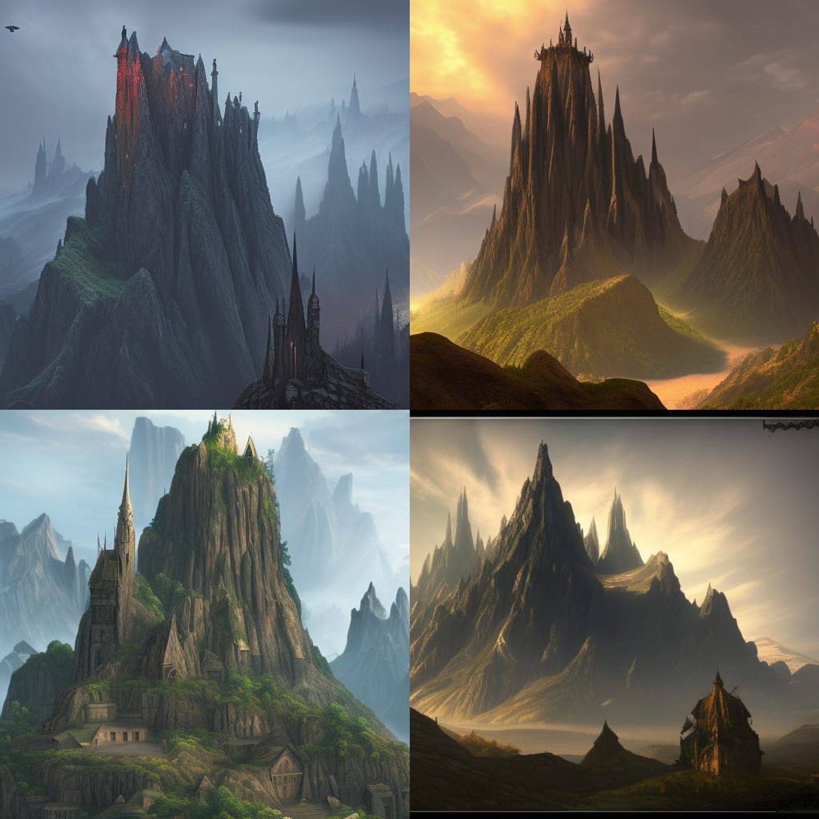 A dark stone tower with tall sharp steeples that is sitting on a barren