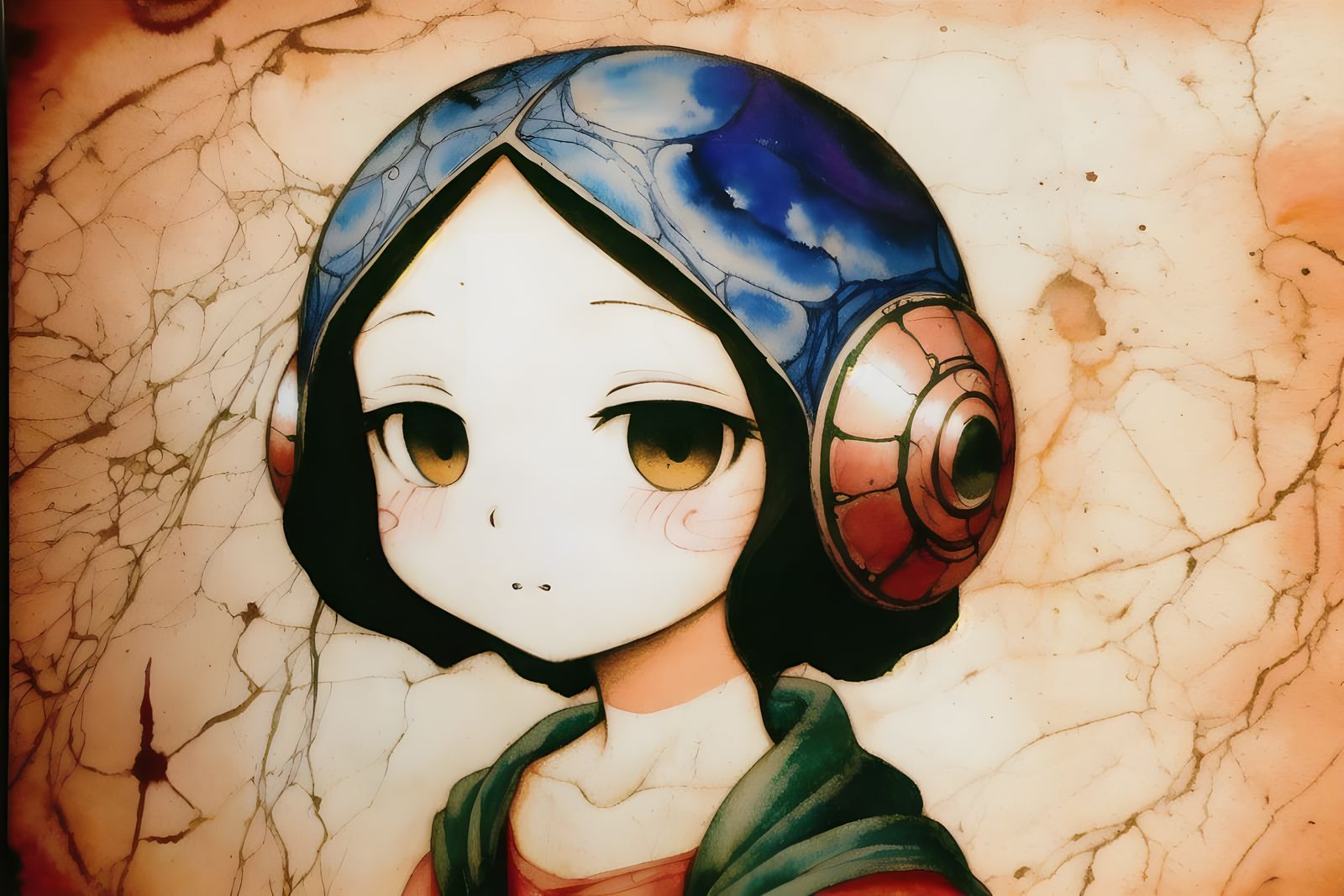 cute chibi alien drawn on old cracked papyrus paper