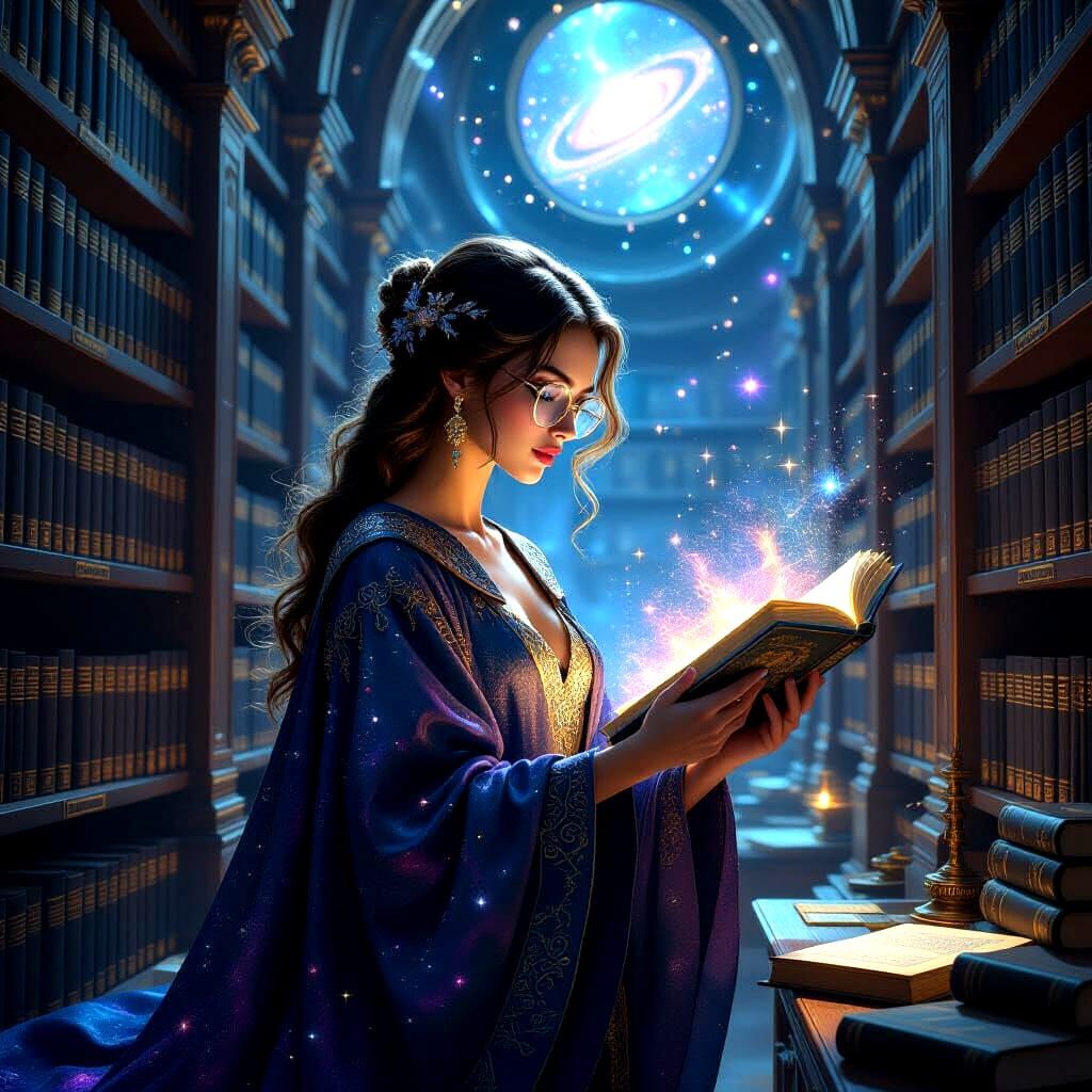 A celestial librarian with shelves made of starlight, organizing constellations and galaxies in an endless library. The librarian wears robe...