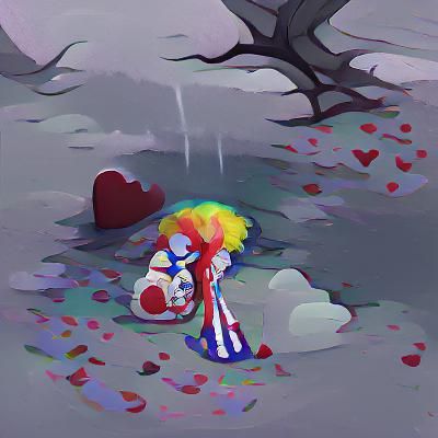 A sad clown weeping over lost love in a dead world