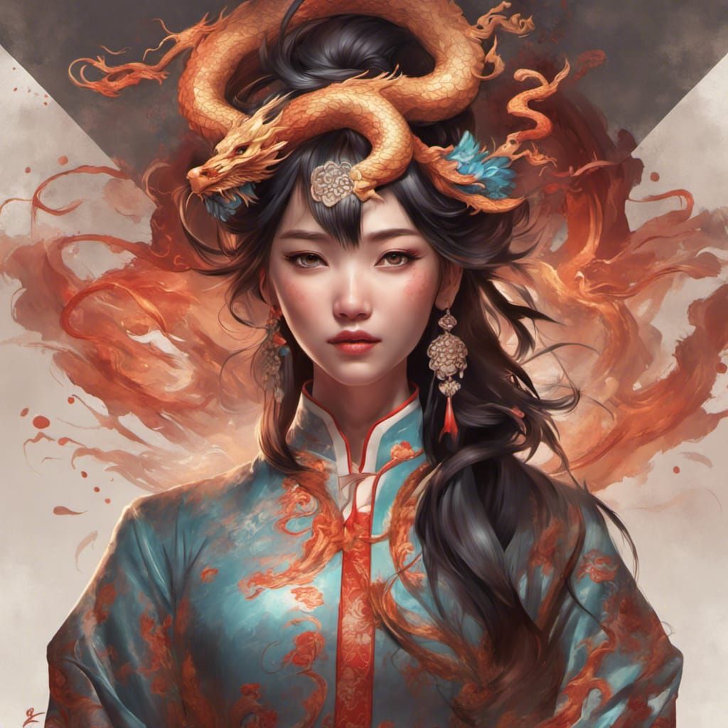Chinese Qipao, art, elegant, Chinese dragon, lights, splashe...