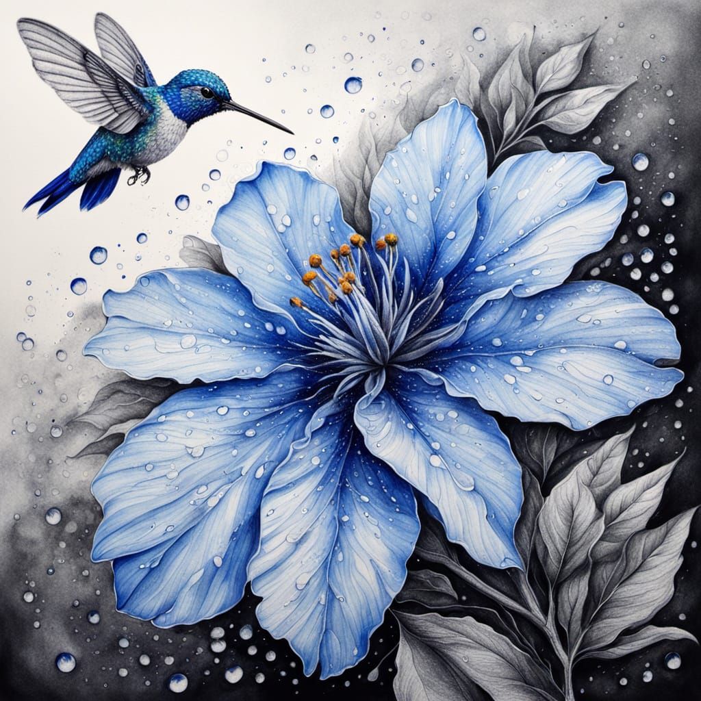 close-up, fantastically beautiful, blue, shining, created from the smallest drops of morning dew flower, ...  by @Barabashka