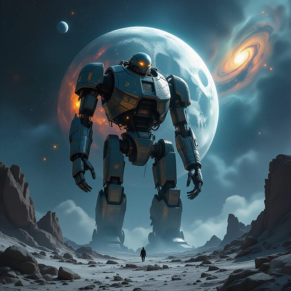 A colossal, ancient automaton, encrusted with millennia of cosmic dust and nebulae, stands as a solitary sentinel on a shattered moon. Its m...