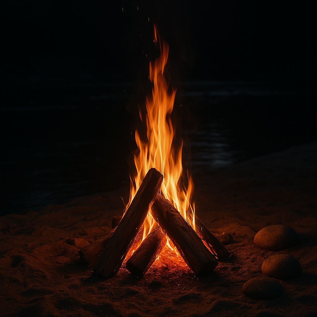 Hyperrealistic Campfire on Sandy Riverbank at Night