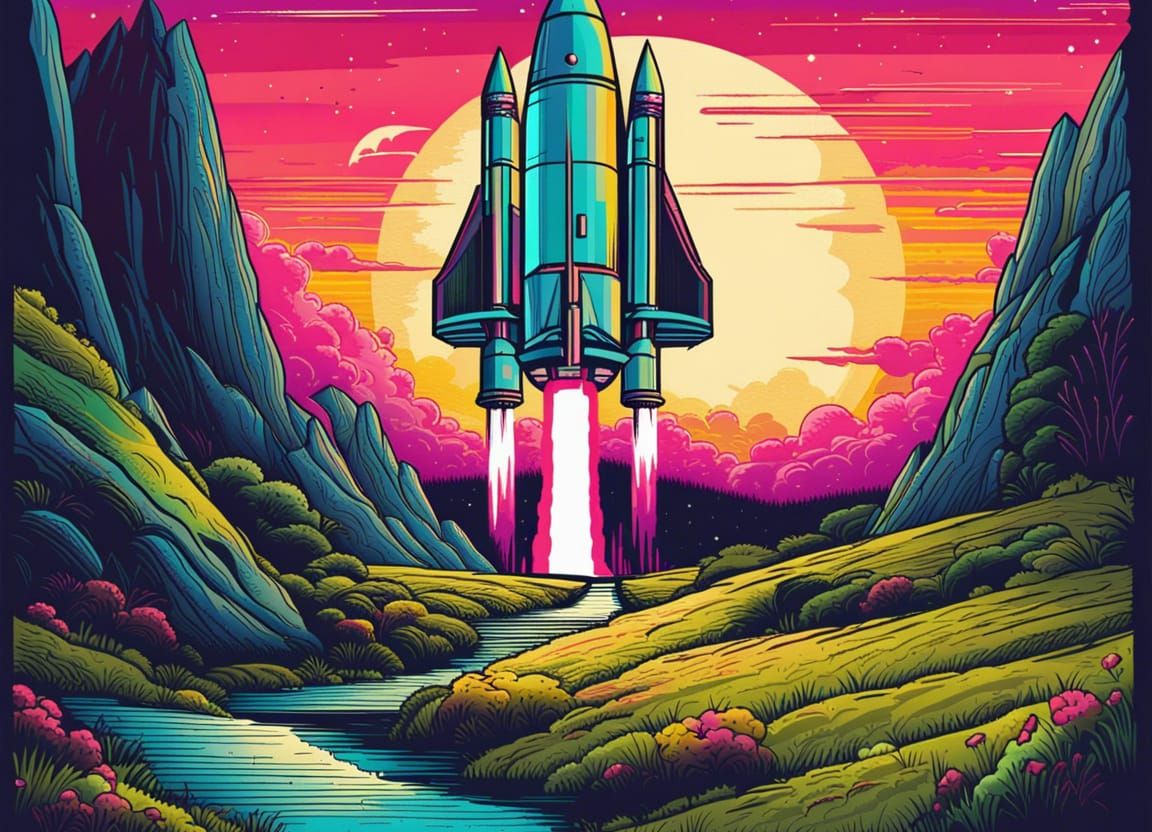 A spaceship launching up into space from a launching pad in the middle