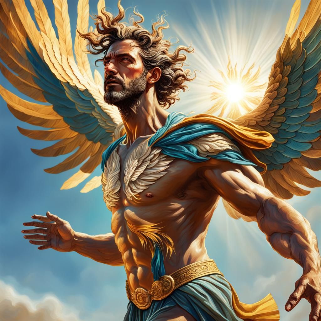 Icarus using his wax wings to fly toward the sun, ancient greece