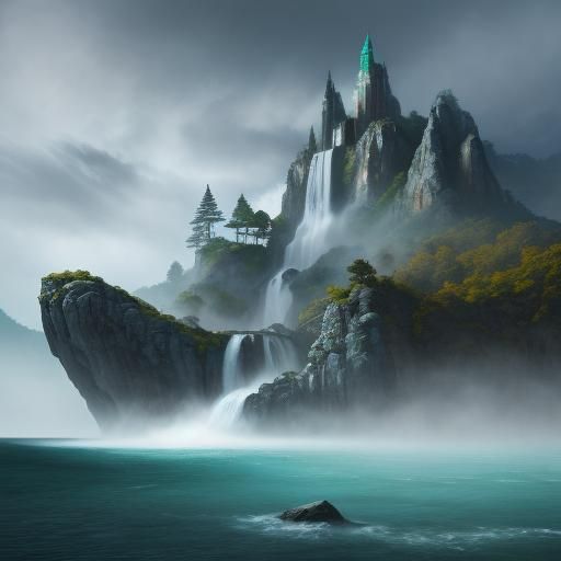 Man Exits Waterfall in Detailed Fantasy Concept Art