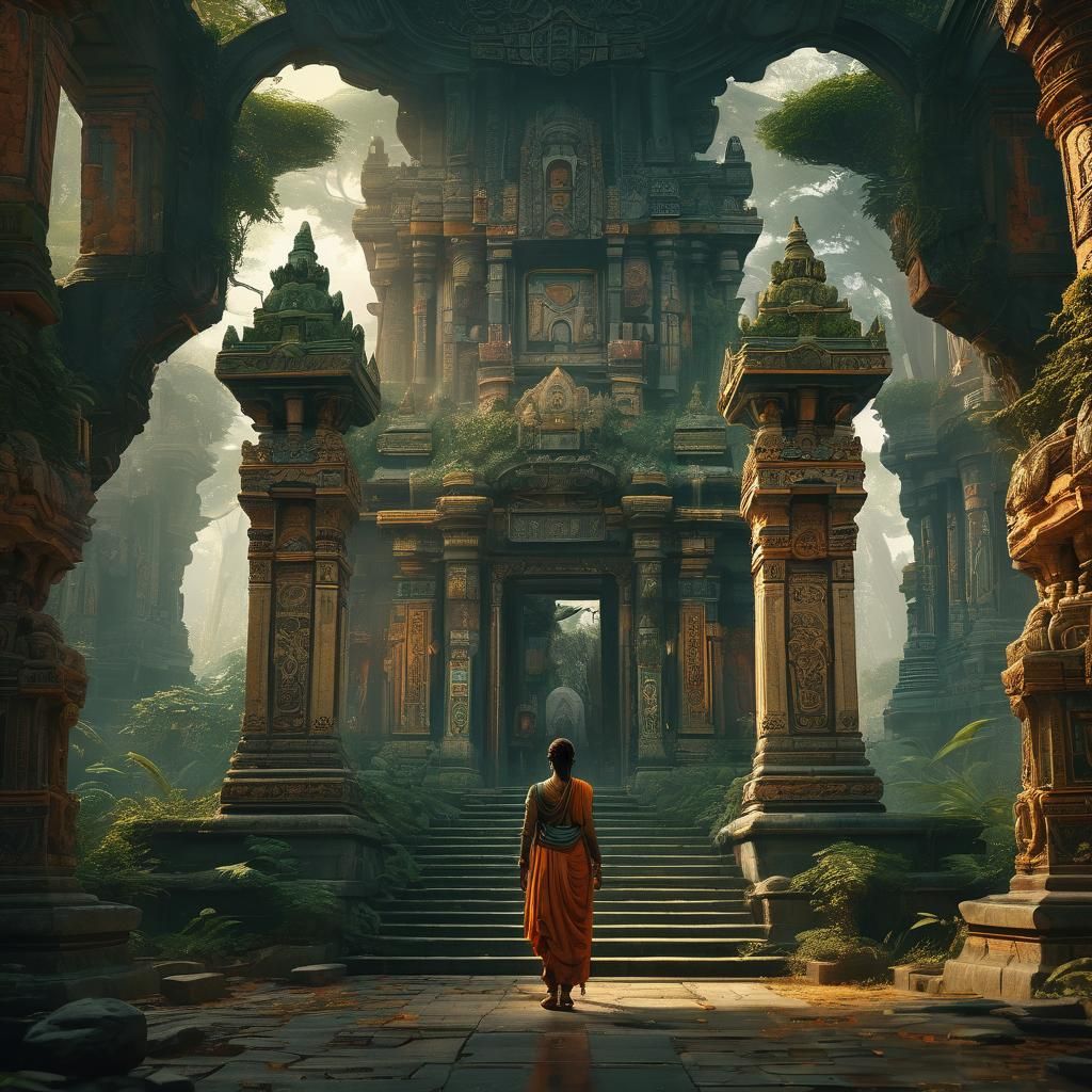 Enlightened Being in Ancient Temple, Art Nouveau Style