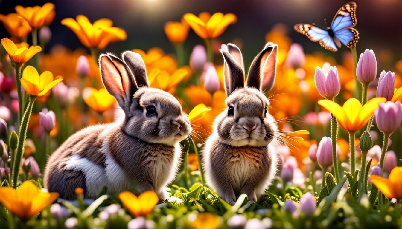 baby rabbits in a field of spring flowers and butterflies, valley, intricate details, HDR, beautifully ...  by @Ed Evans