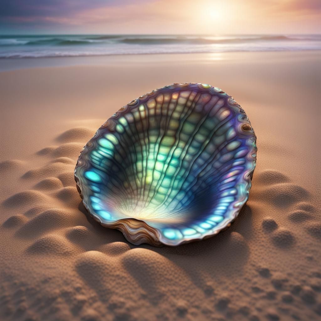 A large and beautiful iridescent abalone shell lying in the sand of a deserted stretch of beach just ...  by @Datz Diskoostin