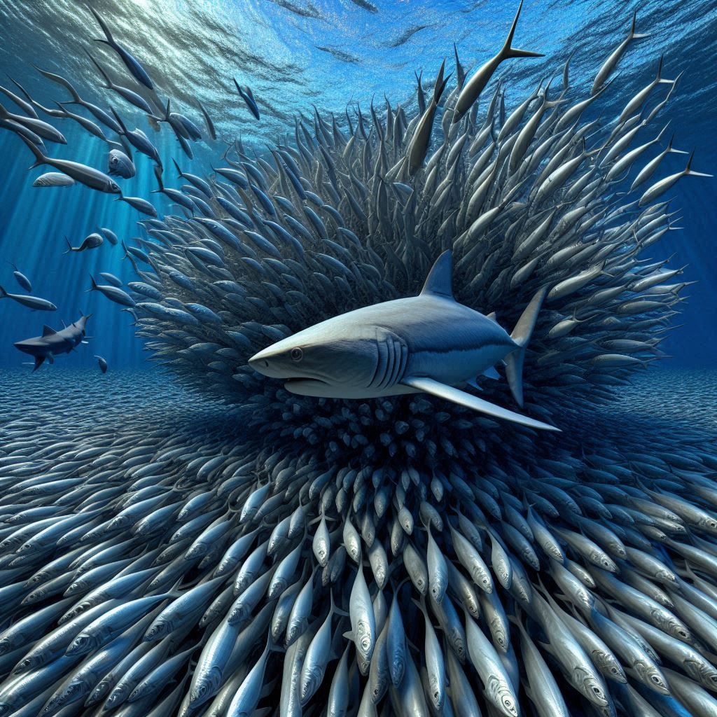 Sardinian swarm in the sea, with the shark stalking them