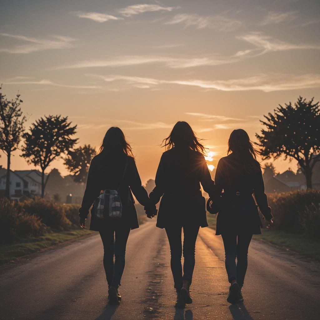 silhouettes of 3 girl best friends walking towards a sunset