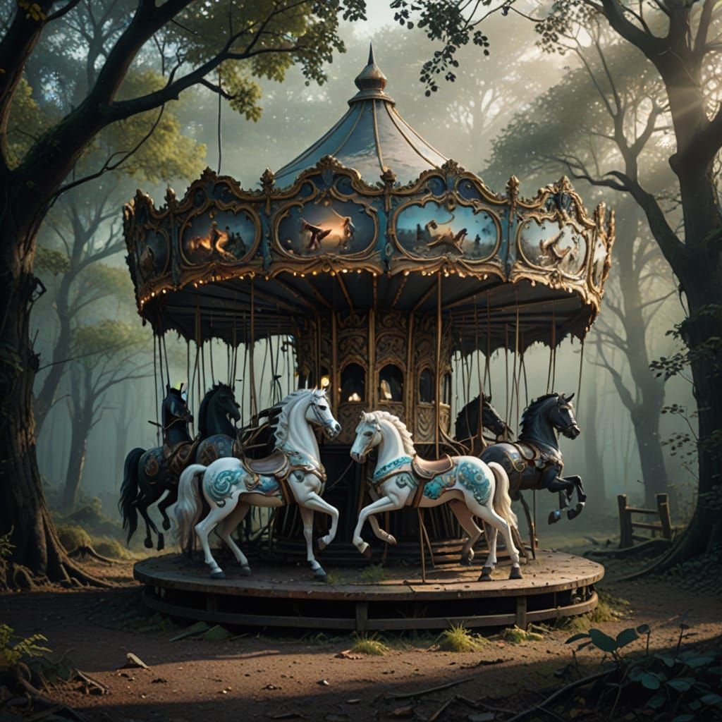 Highly creative. Photograph.full shot. An abandoned, decaying carousel sits in a quiet, misty forest clearing. The painted horses are chippe...
