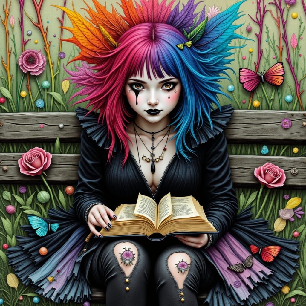 <lora:Wyrd 13:1.0>  A goth girl with colorful rainbow hair and black lipstick sits on a park bench, reading a book of surreal poetry. Her cl...