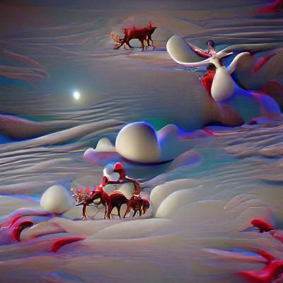 Santa and his reindeer on a snowy night surrealism 8K 3D