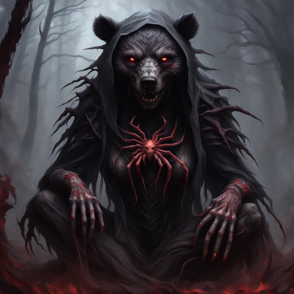 cursed anthro Eerie full body undead bear, Zombie hag banshee, crimson ...