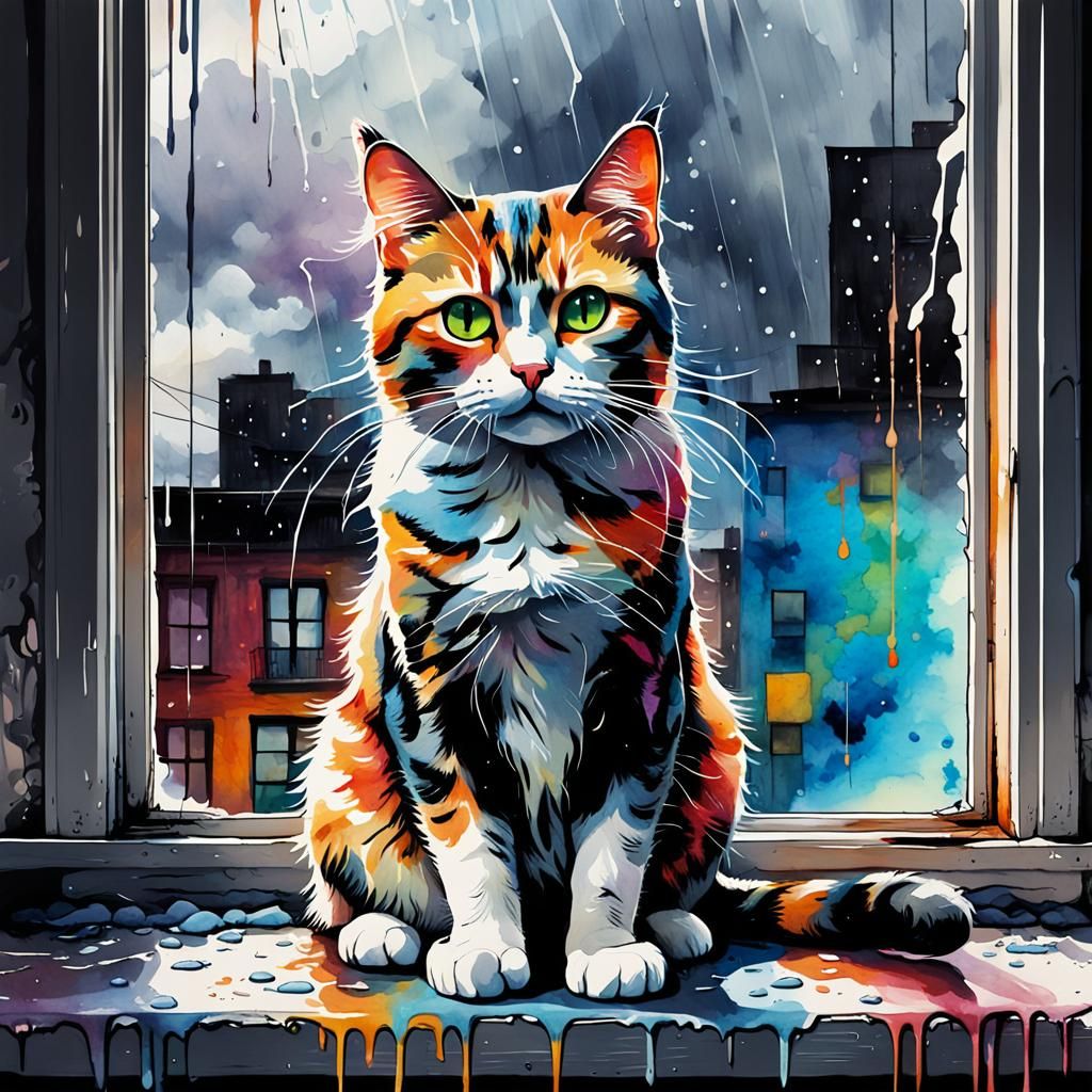 calico cat, window, thunder storm, watercolor  by @Anna K