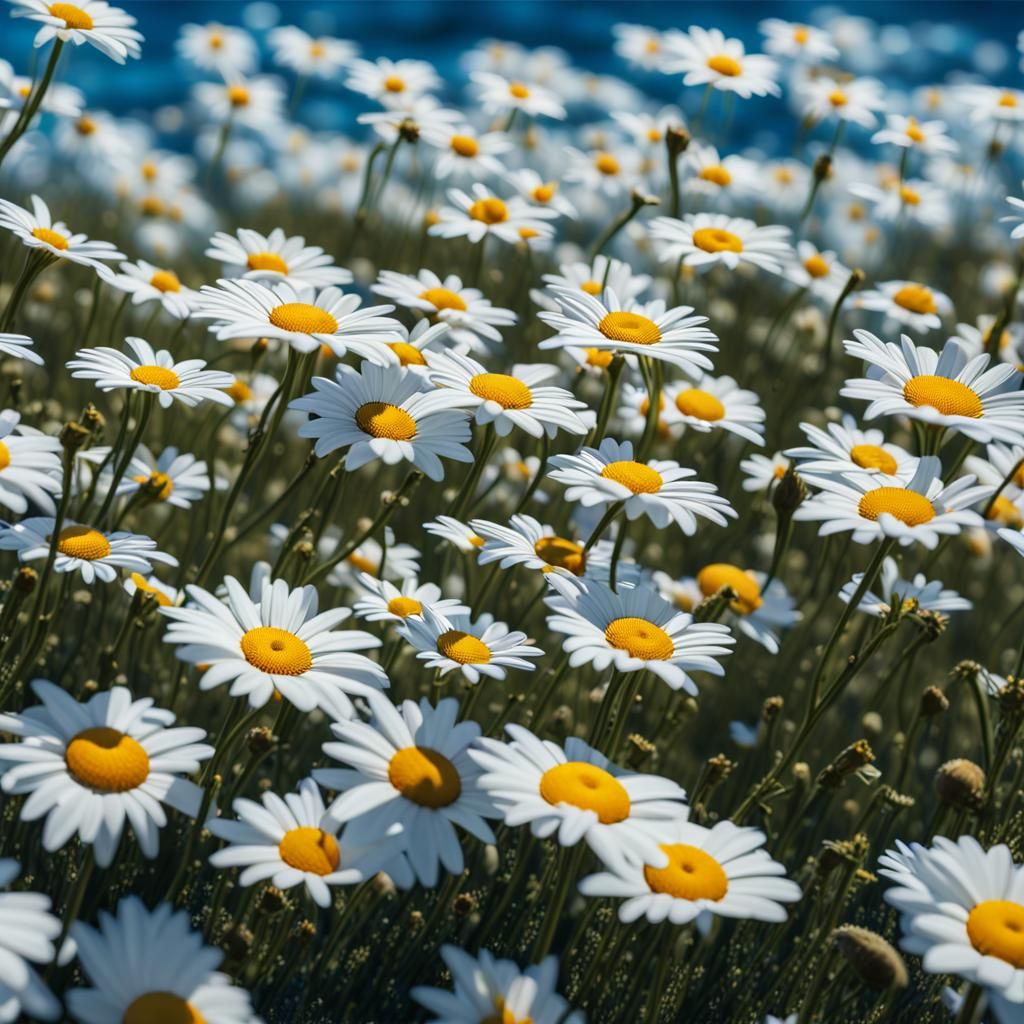 Wide, low-angle shot of a thick daisy field from ground leve...