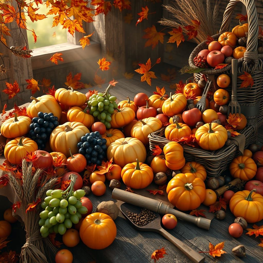 Realistic Autumn Harvest Scene with Bountiful Fruits
