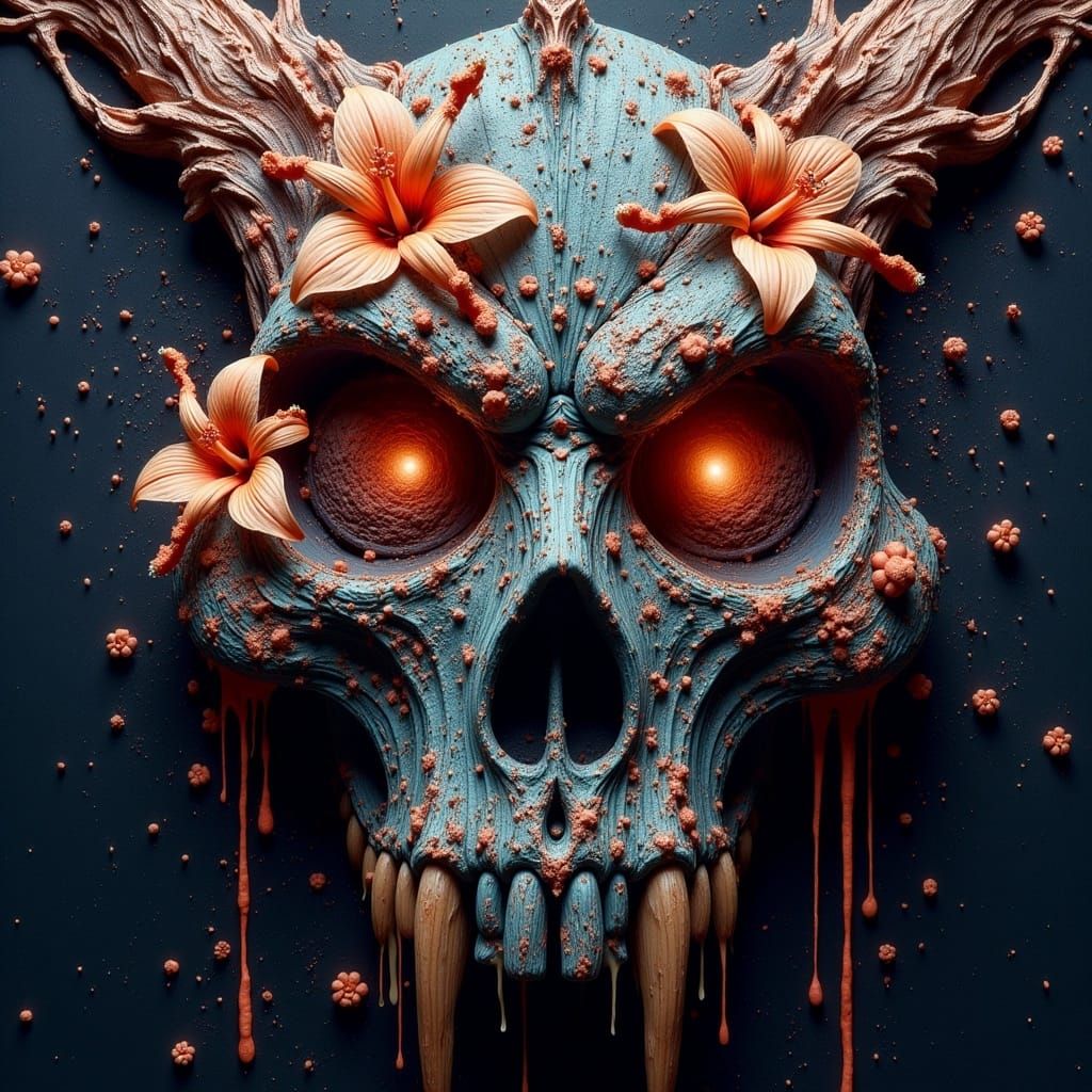 painting of lilly flowers growing out of a dragon skull, inkt splatter art, ayahuasca psychedelic art by Callie Fink , dynamic lighting, 8k...