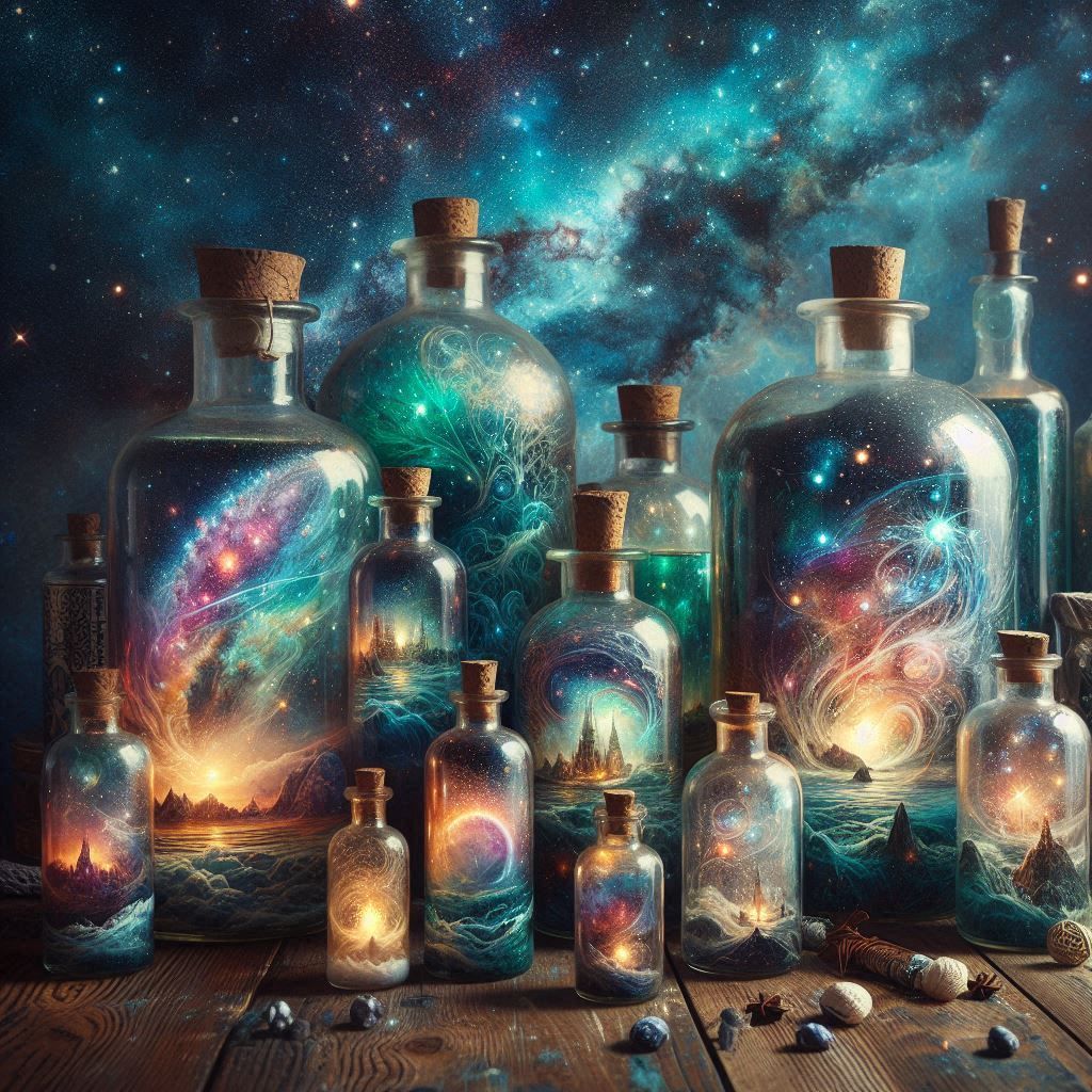 cosmic dreamscapes encased in vintage bottles