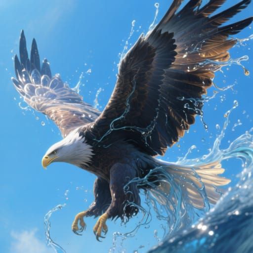 A soaring eagle, its wings outstretched and powerful, its body and feathers sculpted from countless interconnected streams and splashes of d...