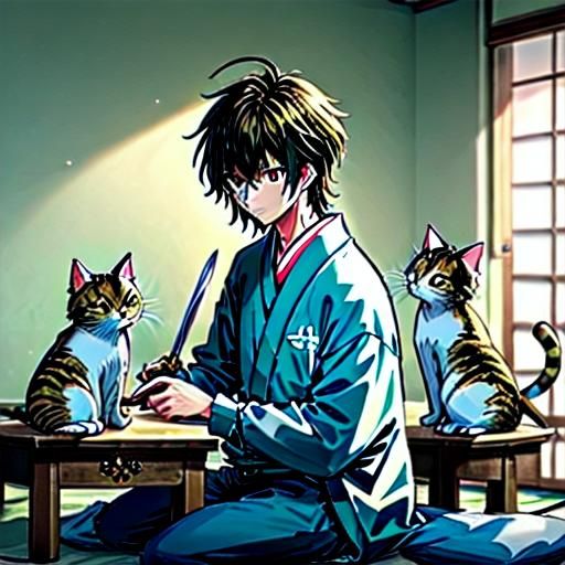 <lora:Interesting Anime:1.0> Japanese Manga cat with 2 golde...