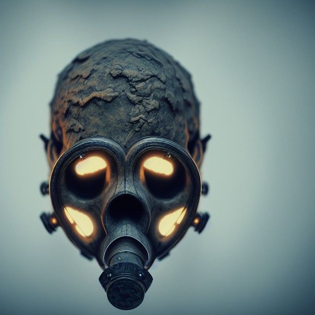 Decaying skull wearing a gas mask, William Faucher, Ash Thor...