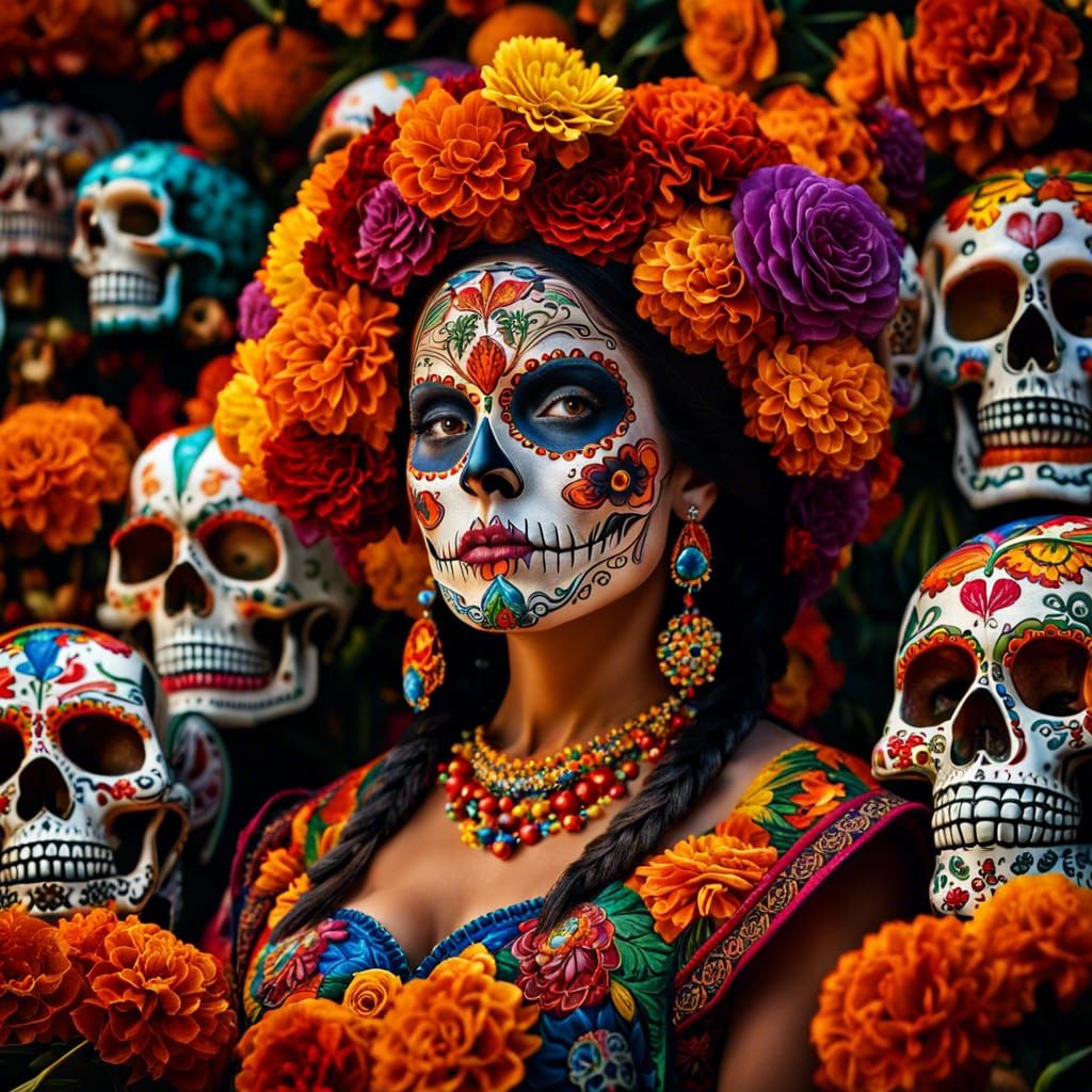 Día de los Muertos, colorful skulls with beautiful mexican lady  by @MgCreated