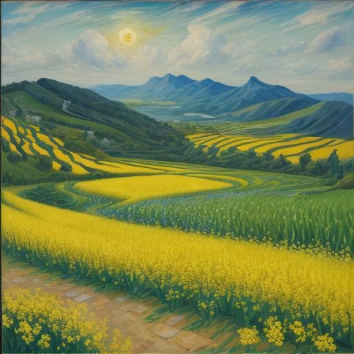 Blooming Rapeseed Flowers in Neo-Impressionist Style