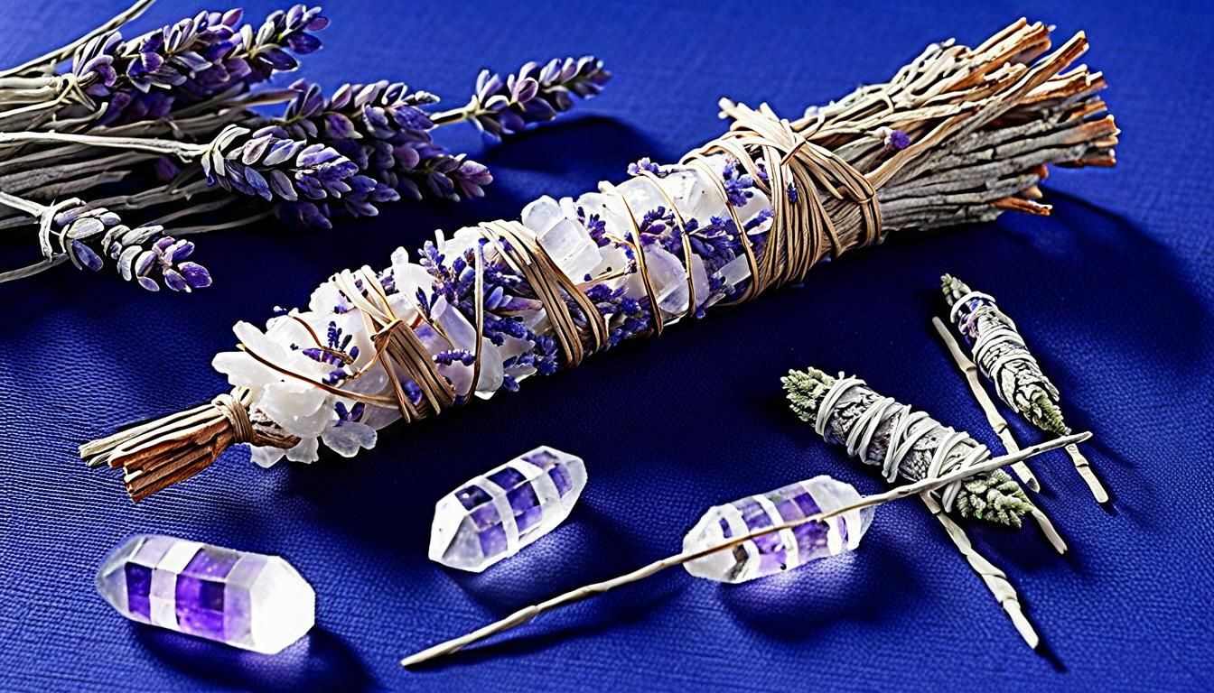 smudge stick with lavender springs and clear quartz points,