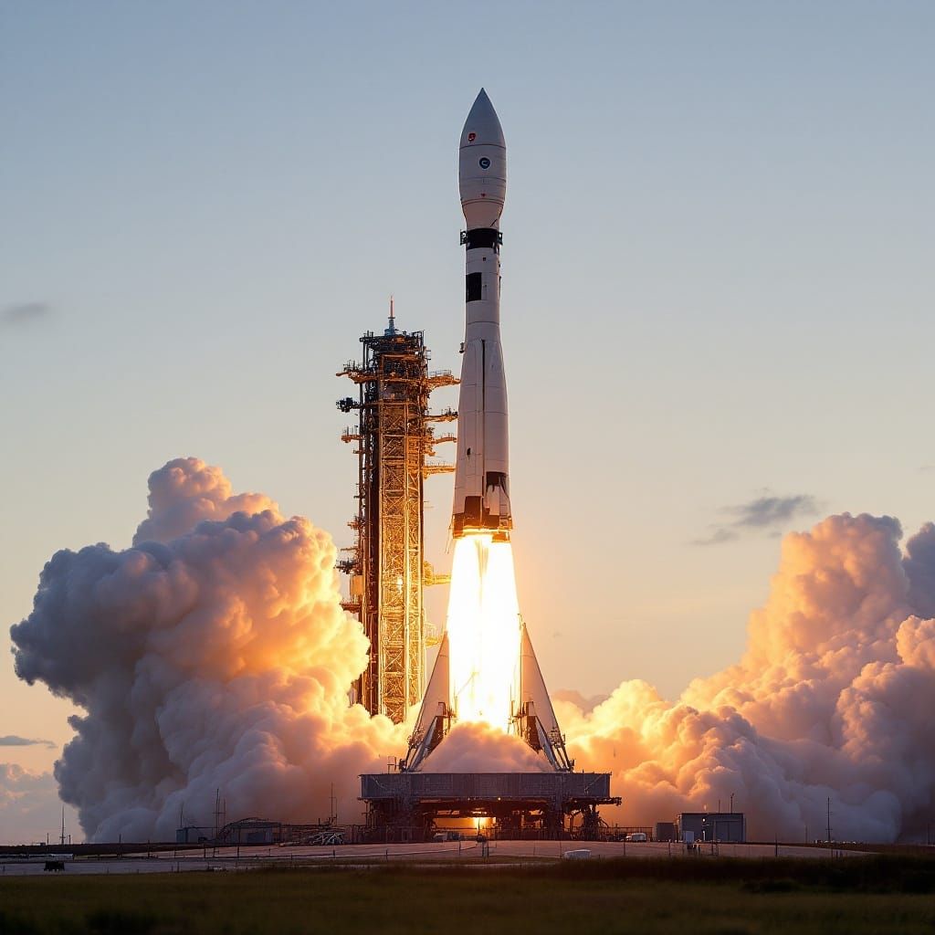 Saturn V moon rocket lifting off from launch pad in Cape Canaveral