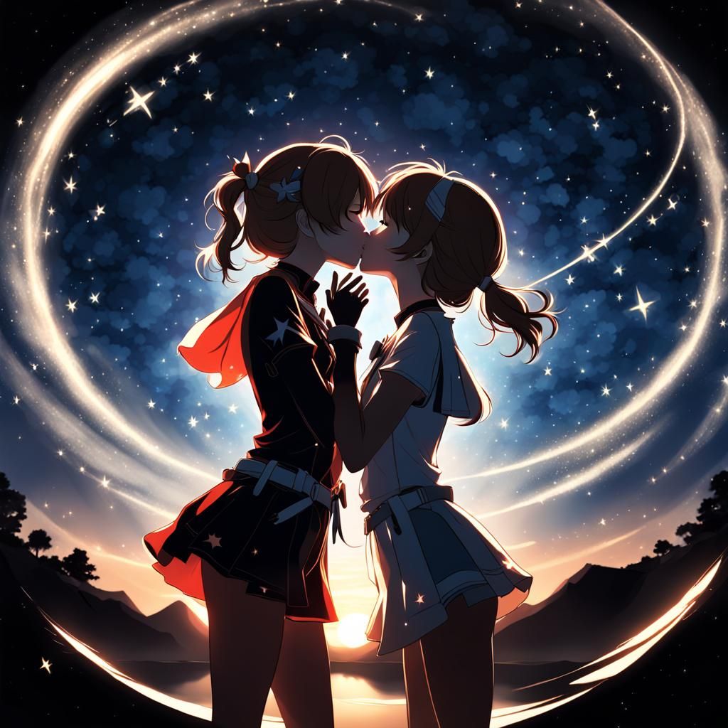 Silhouetted Kiss: Anime-Inspired 3D Starry Scene
