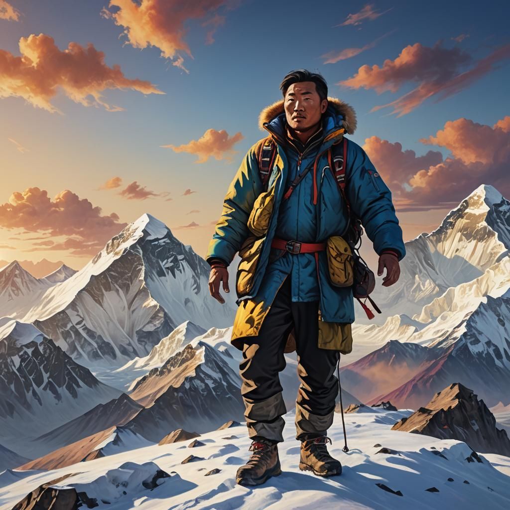 Mongolian Man at Everest Summit: Cinematic Oil Painting