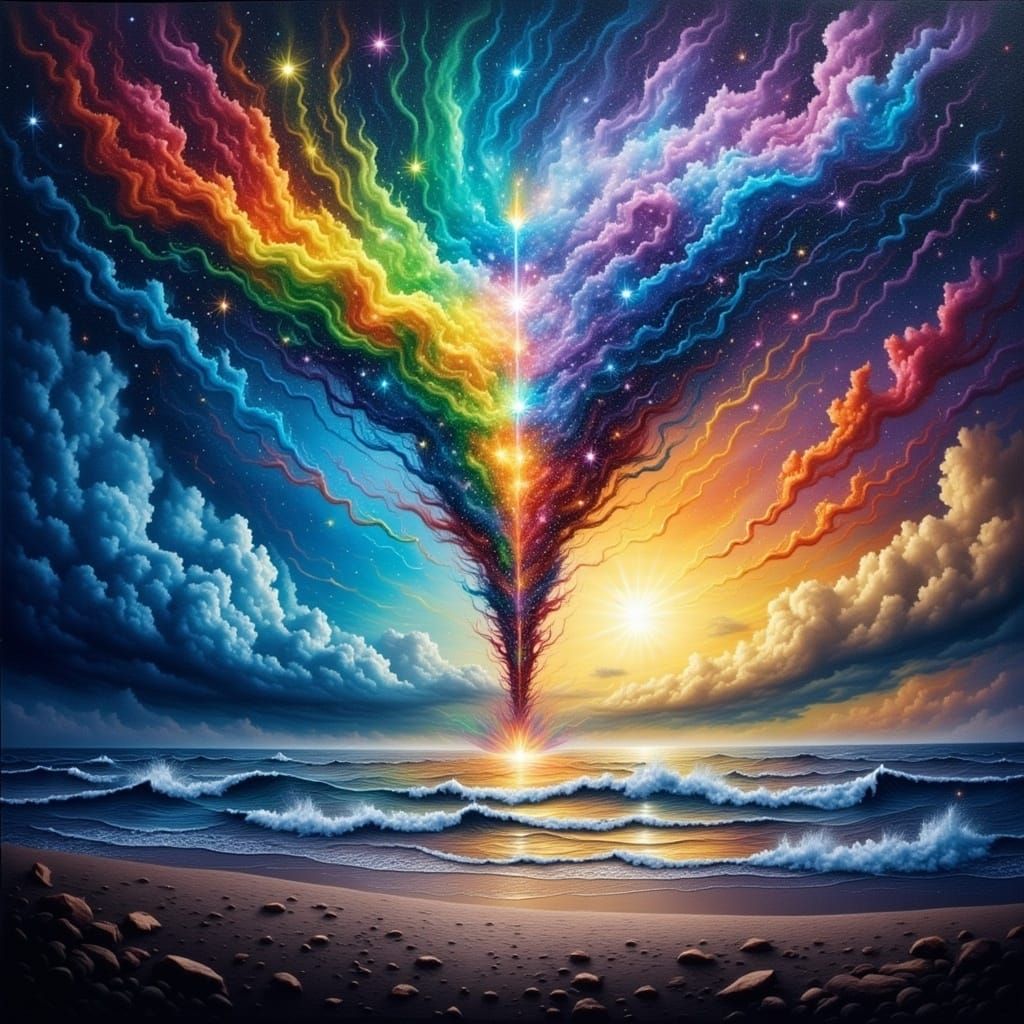 <lora:Rainbow Intensity:1.0> Watercolor alcohol ink painting, Magnificent rainbow tornado with lightning in a dark sky, rainbow sea, rainbow...