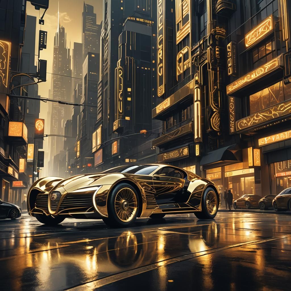 An Art Deco 1930's style Super future Car gold and black color  by @TJOmalley