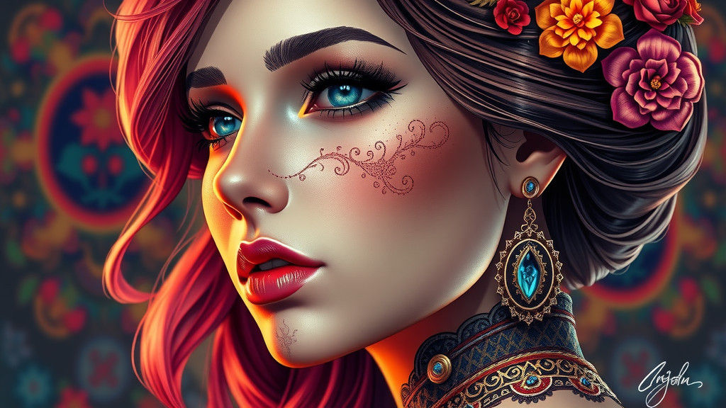 Detailed Portrait with Elegant Ornamentation in Splash Art S...
