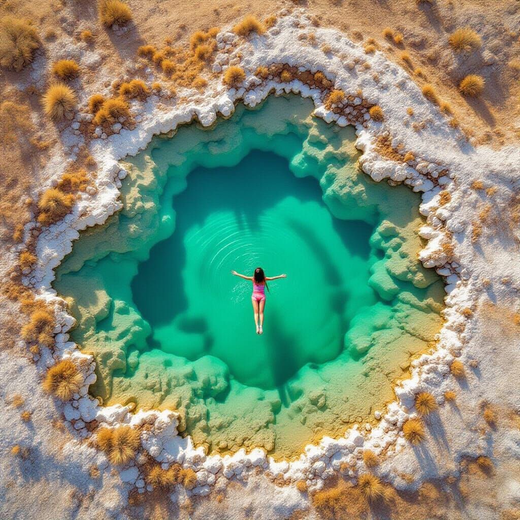 Aerial Drone Shot of Girl Floating on Dead Sea at Golden Hou...