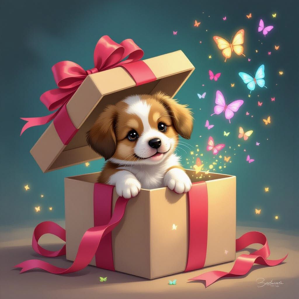 Whimsical Puppy Emerging From Gift Box as Butterflies