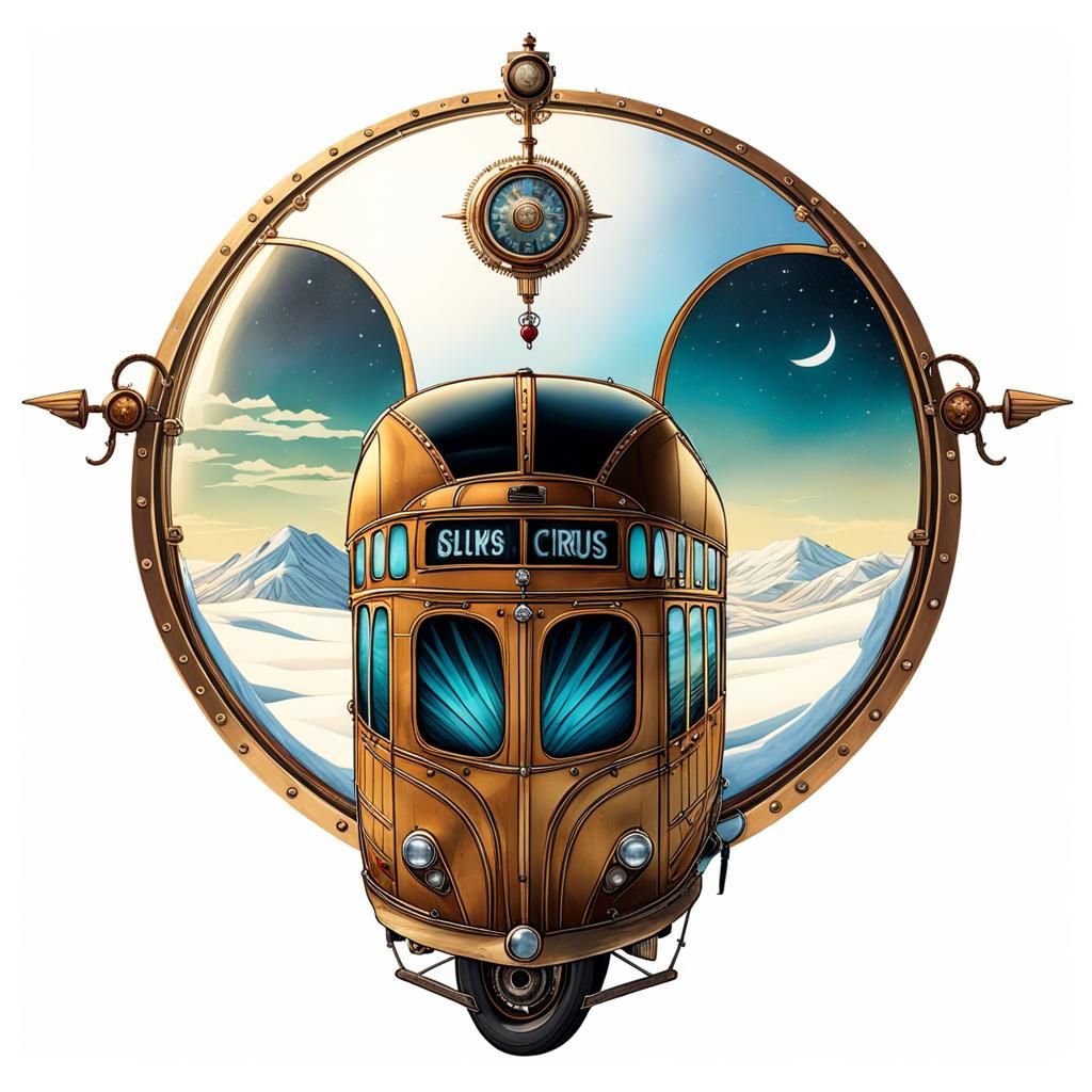 Steampunk Bus in Winter Landscape, Digital Art