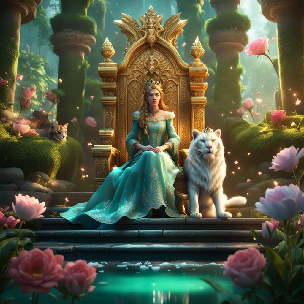 Princess on Throne with Lions and Leopards in 3D