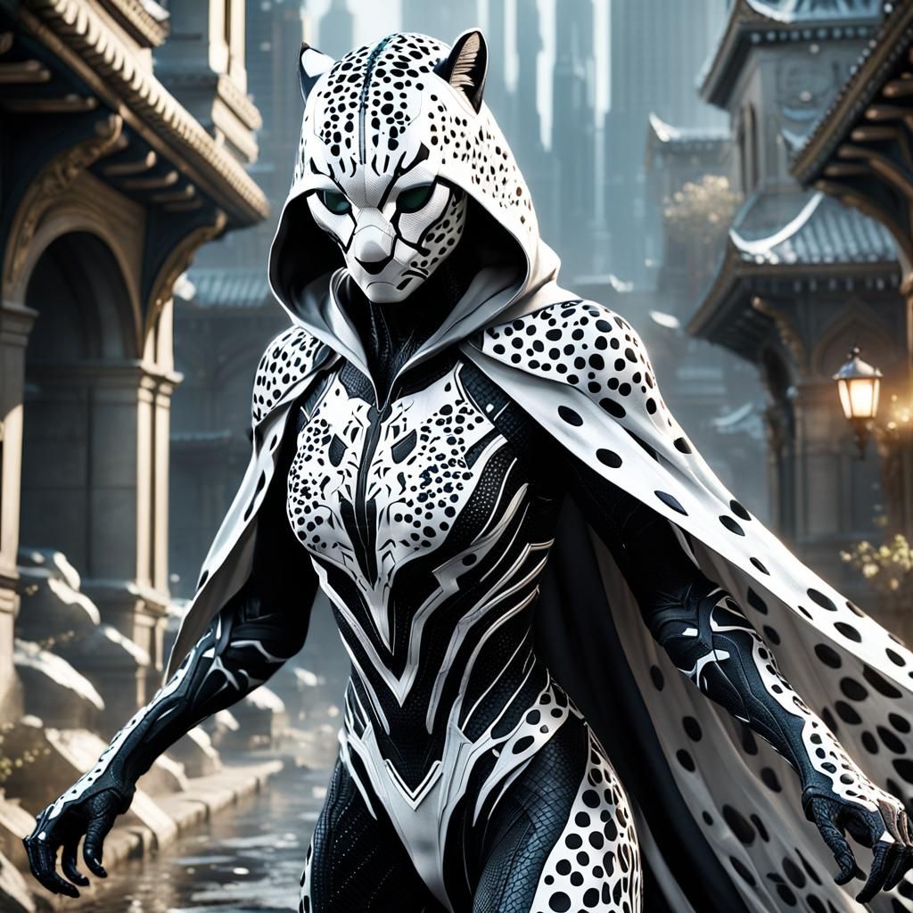 Spiderman, white and black Cheetah spotted hooded flowing cl...