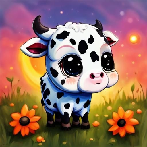 <lora:Cartoon bokeh v8:1.0> adorable chibified baby cow, big round eyes, sunset meadow