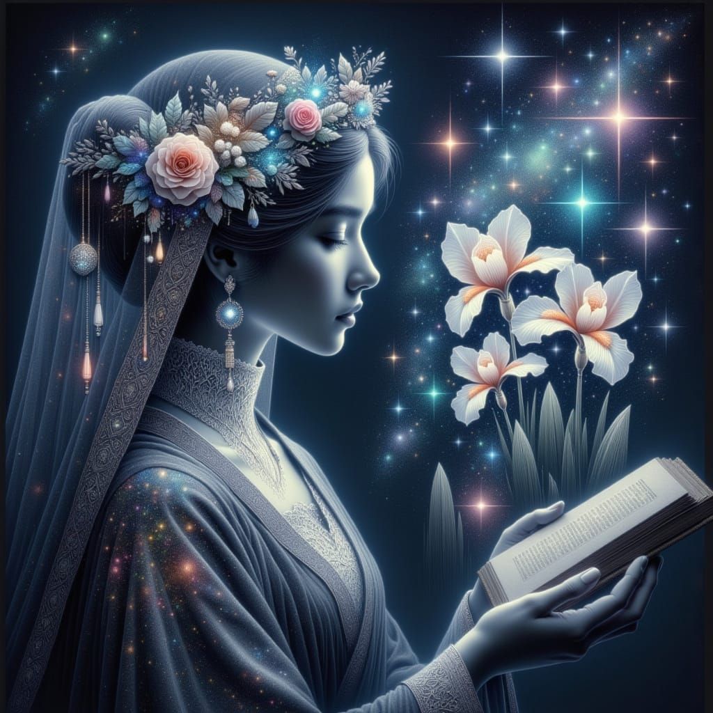 <lora:mystery:1.0> translucent iris flowers through which the starry sky shines through