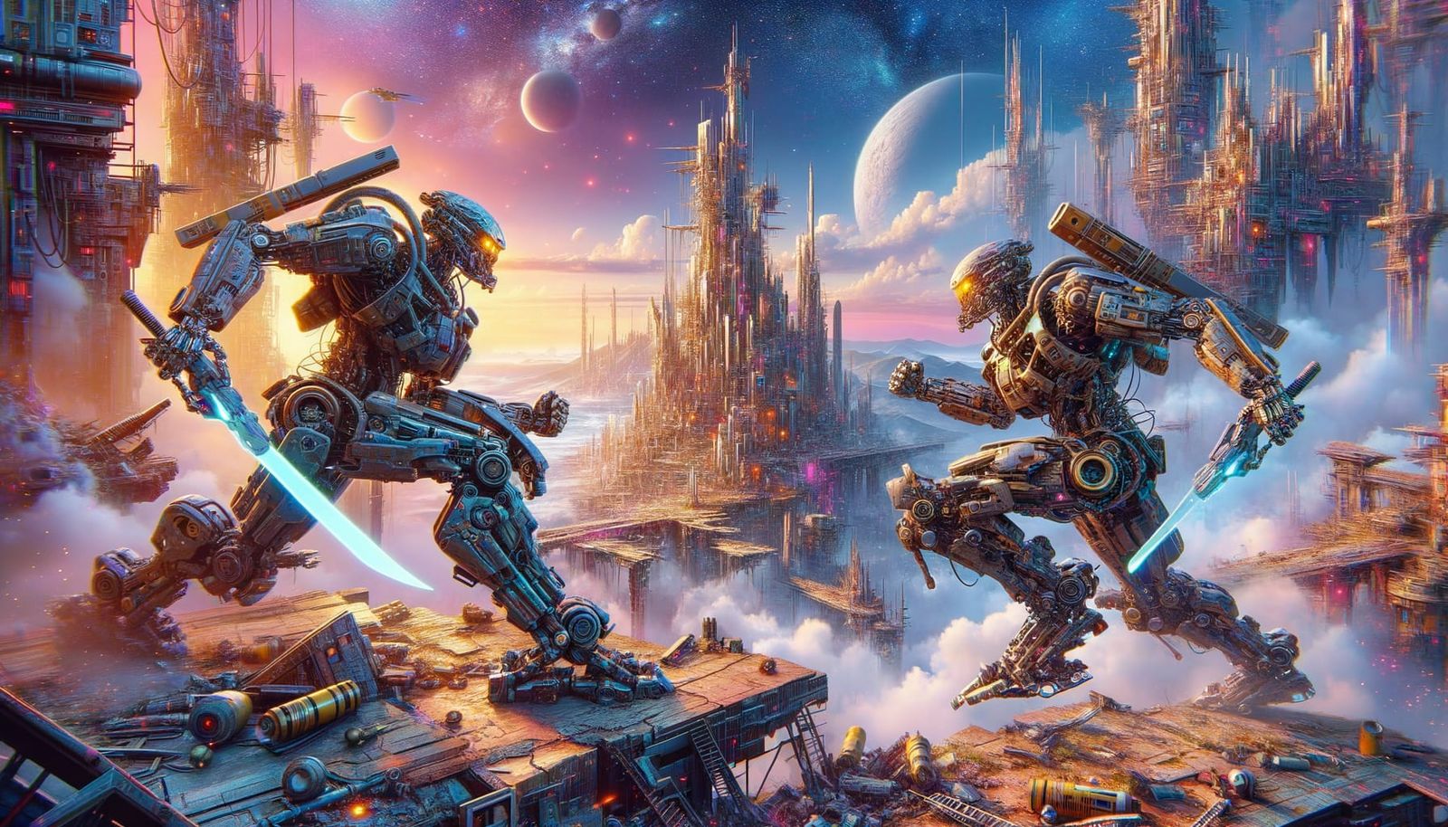 Two high tech warrior mech battling each other at close range in the ruins of the capital city of the ...  by @Clayton