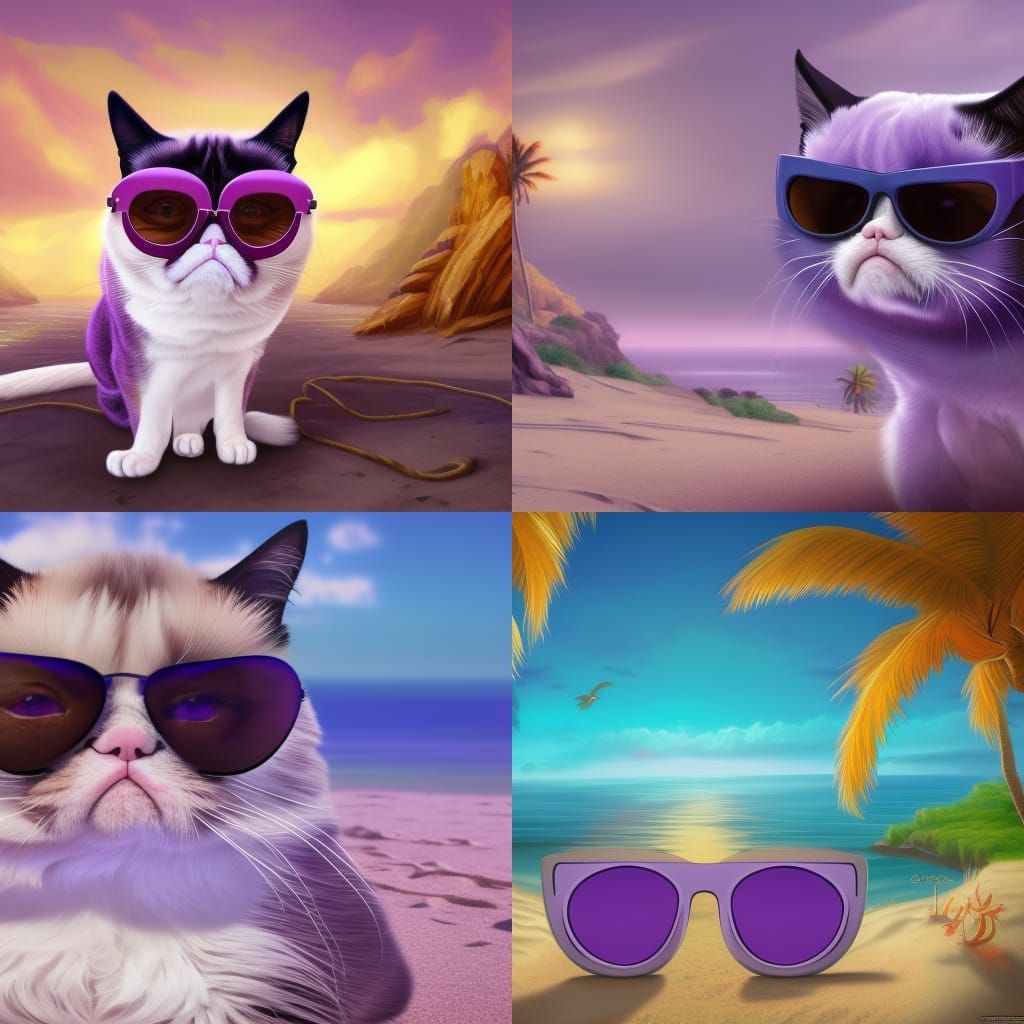 Grumpy Cat With Large Purple Sunglasses On A Beach Setting Ai