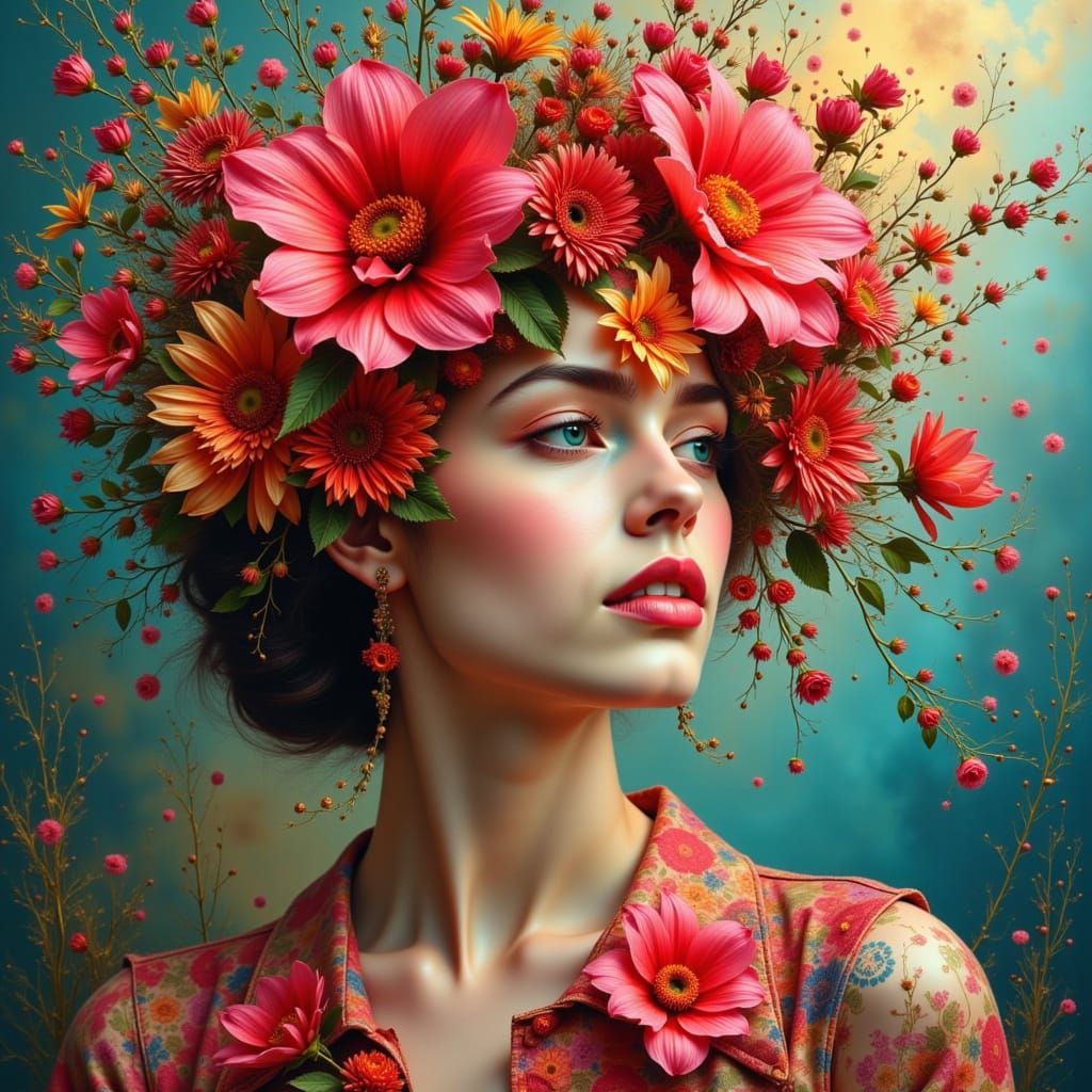 Sophisticated Woman with Vibrant Exotic Flowers in Art Nouve...