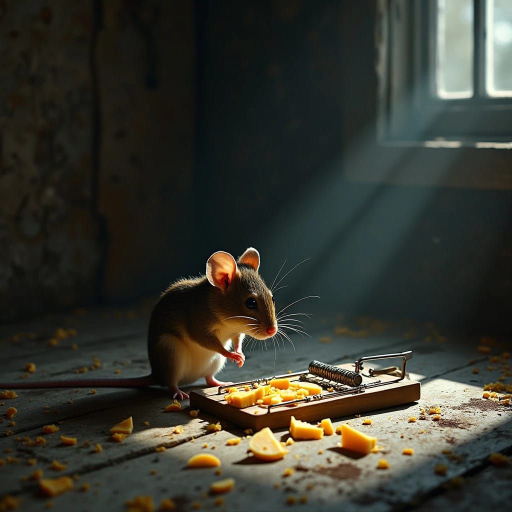 Mouse is on the floor of a dark and dusty attic