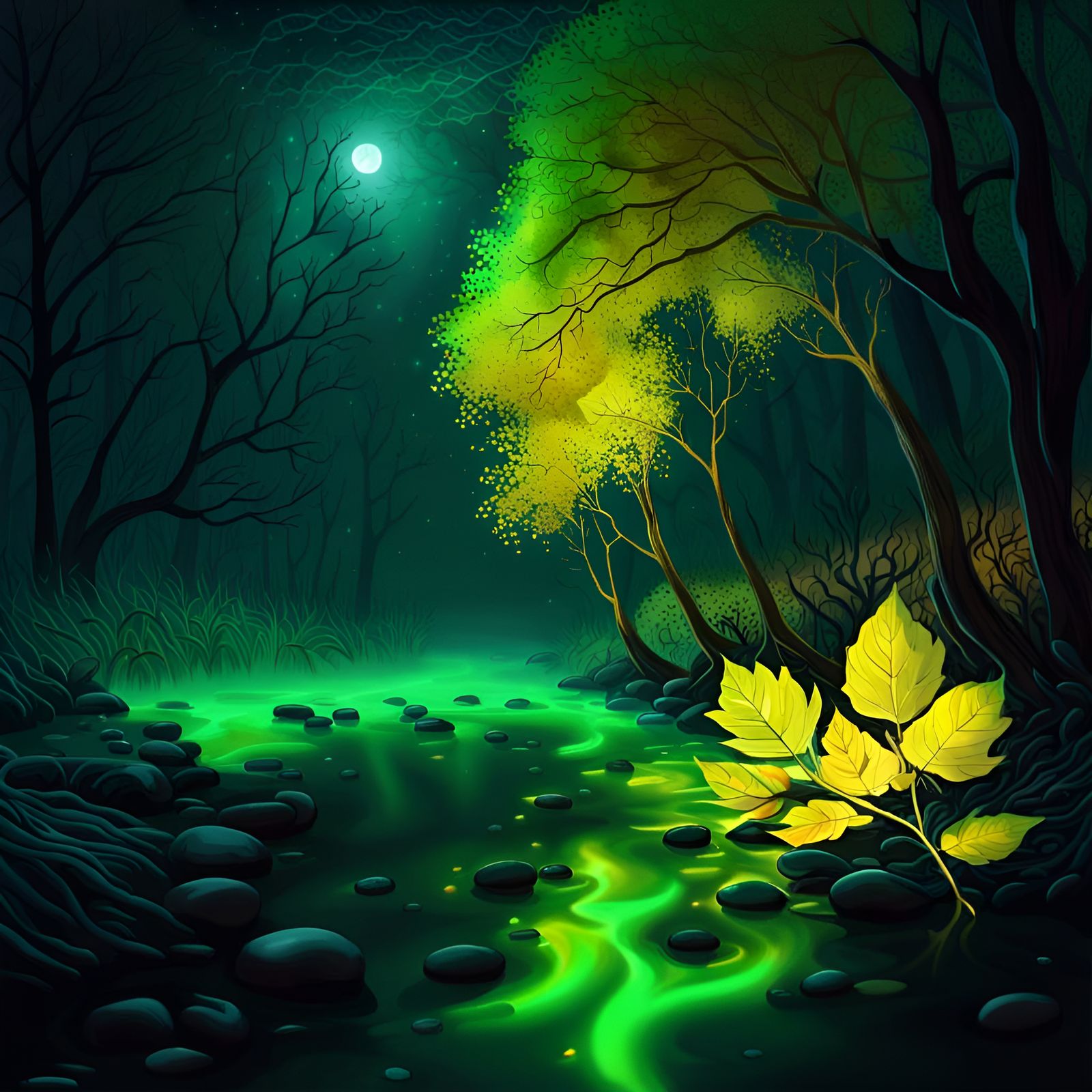 green glowing river in colorful trees forest